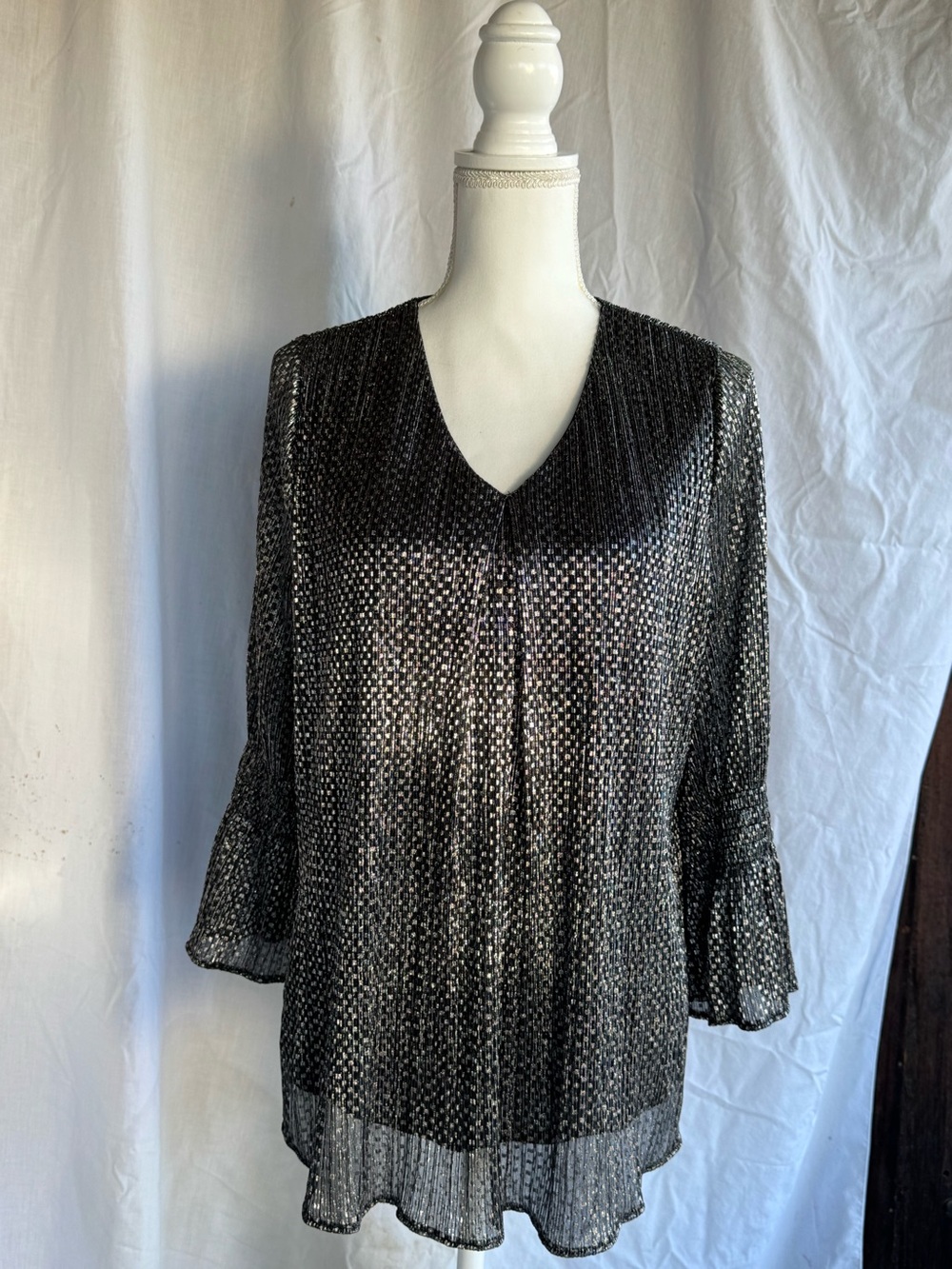 Alfani Black Metallic Dot Sheer V-Neck Blouse